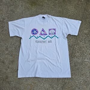 Vtg 90s ROCKPORT MASS Sea Shells Graphic Massachusetts Beach T Shirt M USA